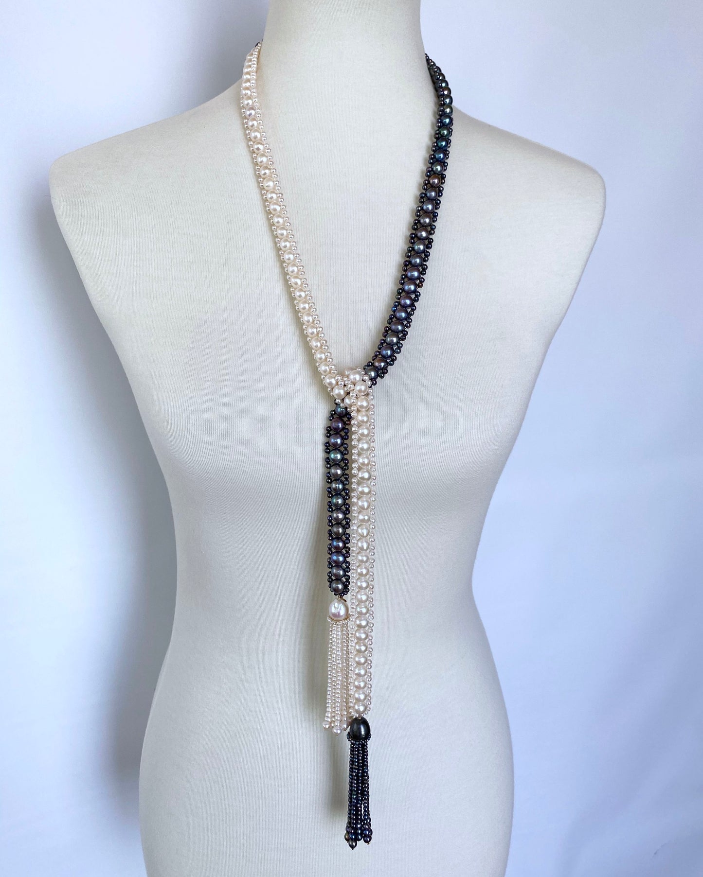 Marina J. Black and White All Pearl Woven Sautoir Necklace with 14K Yellow Gold