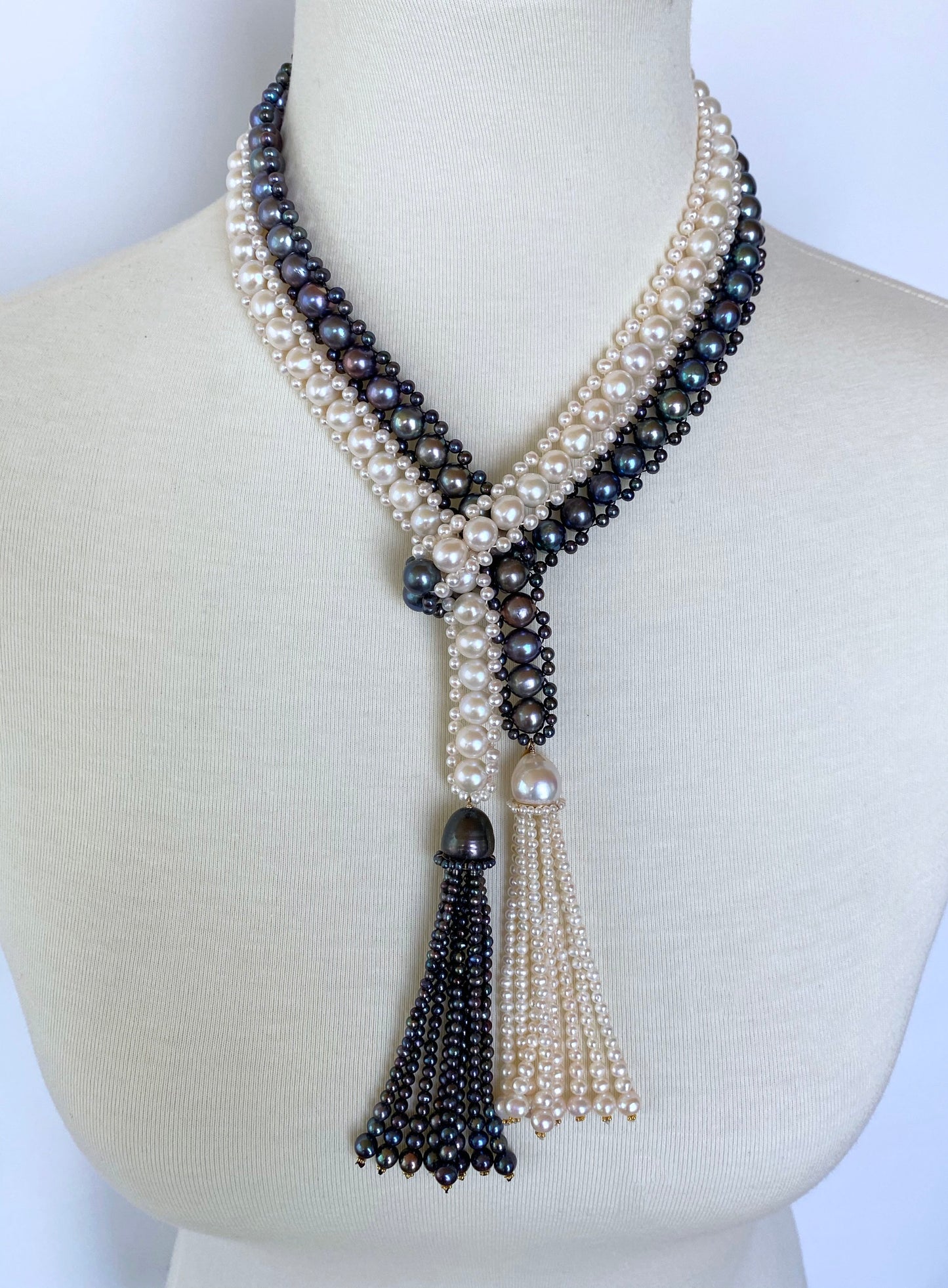 Marina J. Black and White All Pearl Woven Sautoir Necklace with 14K Yellow Gold