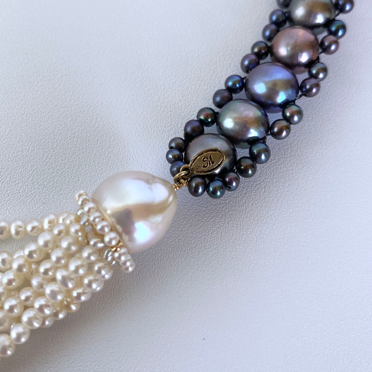 Black and White All Pearl Woven Sautoir Necklace with 14K Yellow Gold