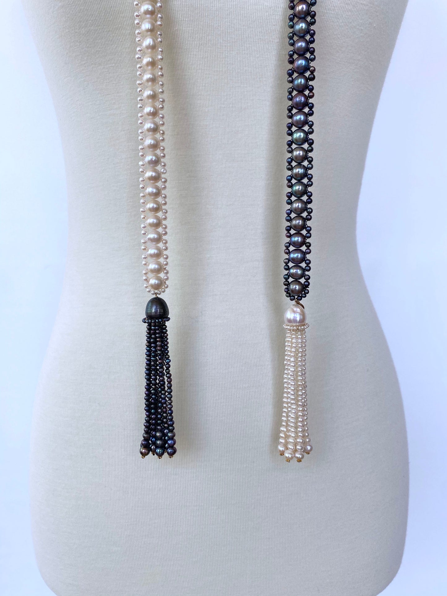 Marina J. Black and White All Pearl Woven Sautoir Necklace with 14K Yellow Gold