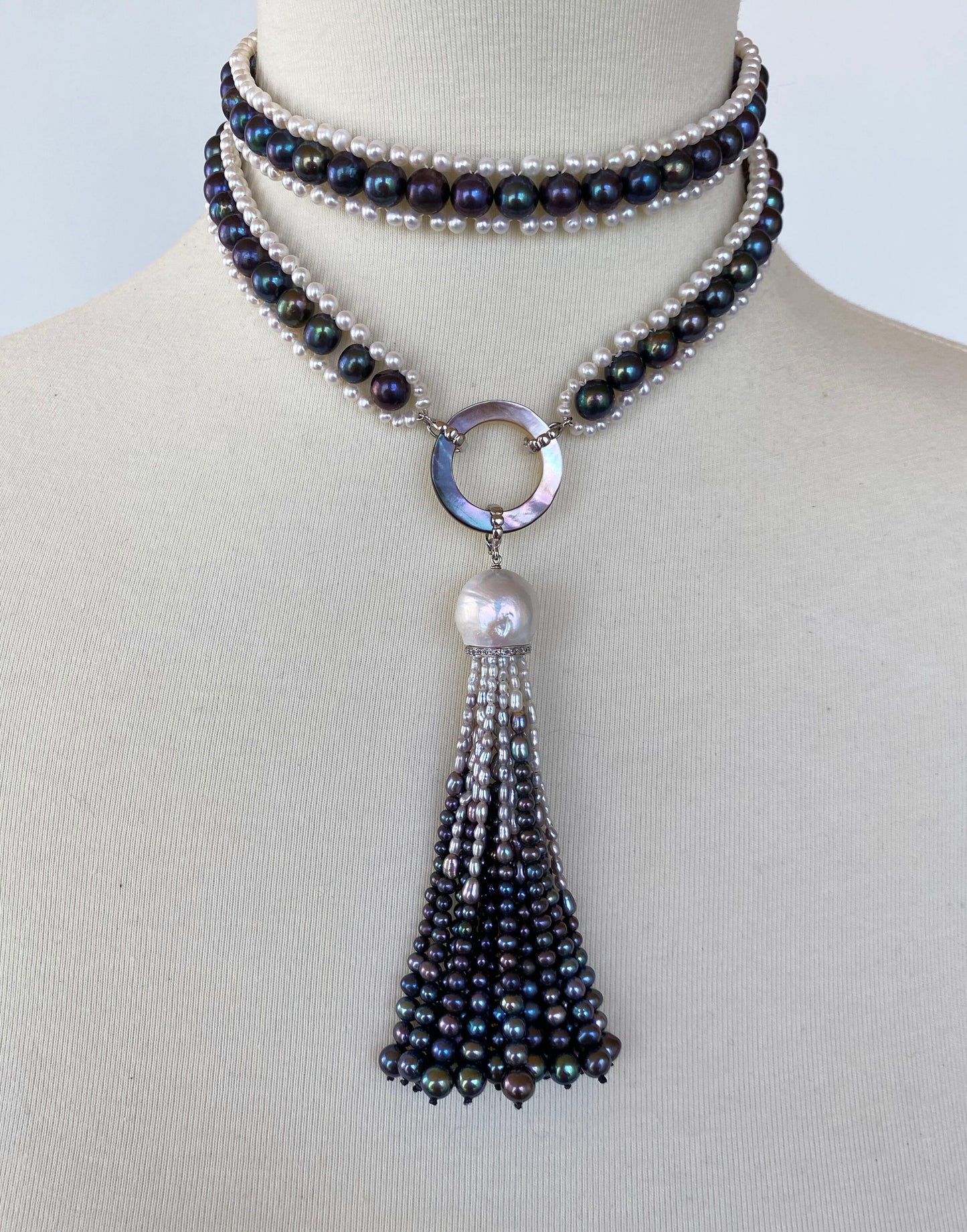 Marina J. Black and White Woven Pearl Sautoir with Abalone Shell & Ombre Tassel