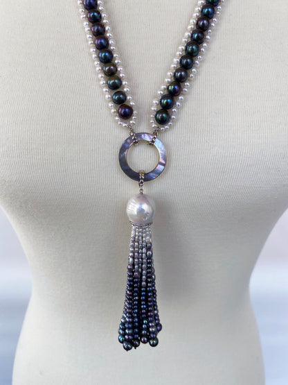 Marina J. Black and White Woven Pearl Sautoir with Abalone Shell & Ombre Tassel