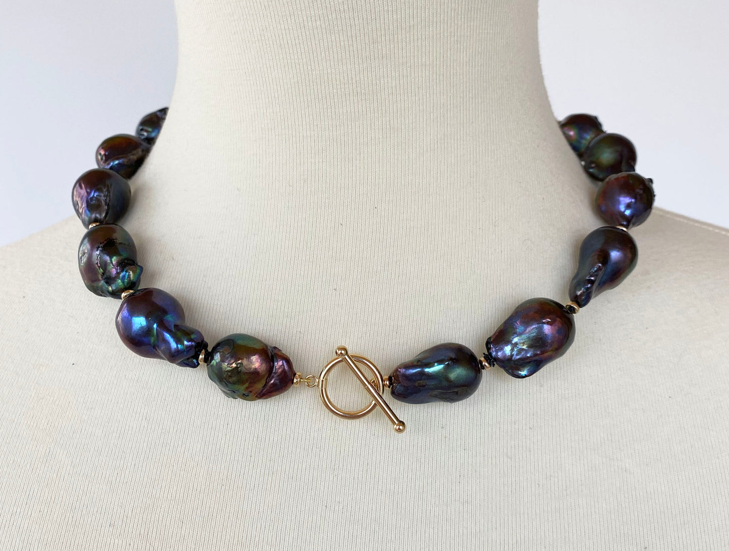 Large Baroque Black Pearl Necklace with 14 Karat Gold Beads and Clasp