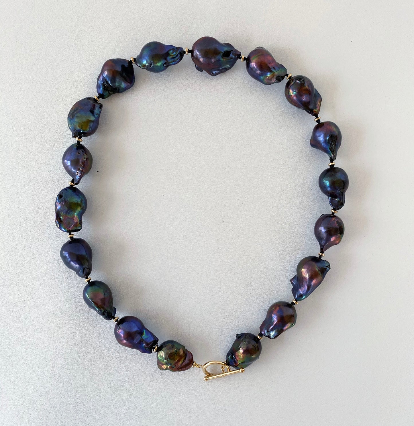 Large Baroque Black Pearl Necklace with 14 Karat Gold Beads and Clasp