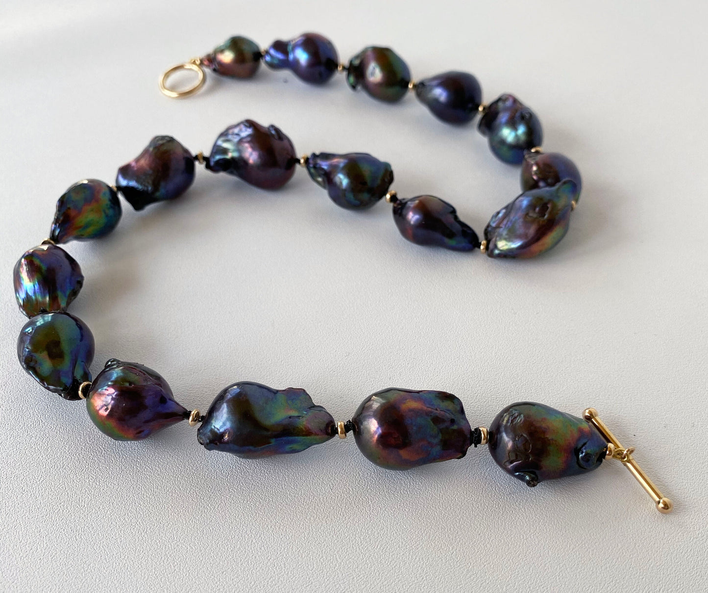 Large Baroque Black Pearl Necklace with 14 Karat Gold Beads and Clasp