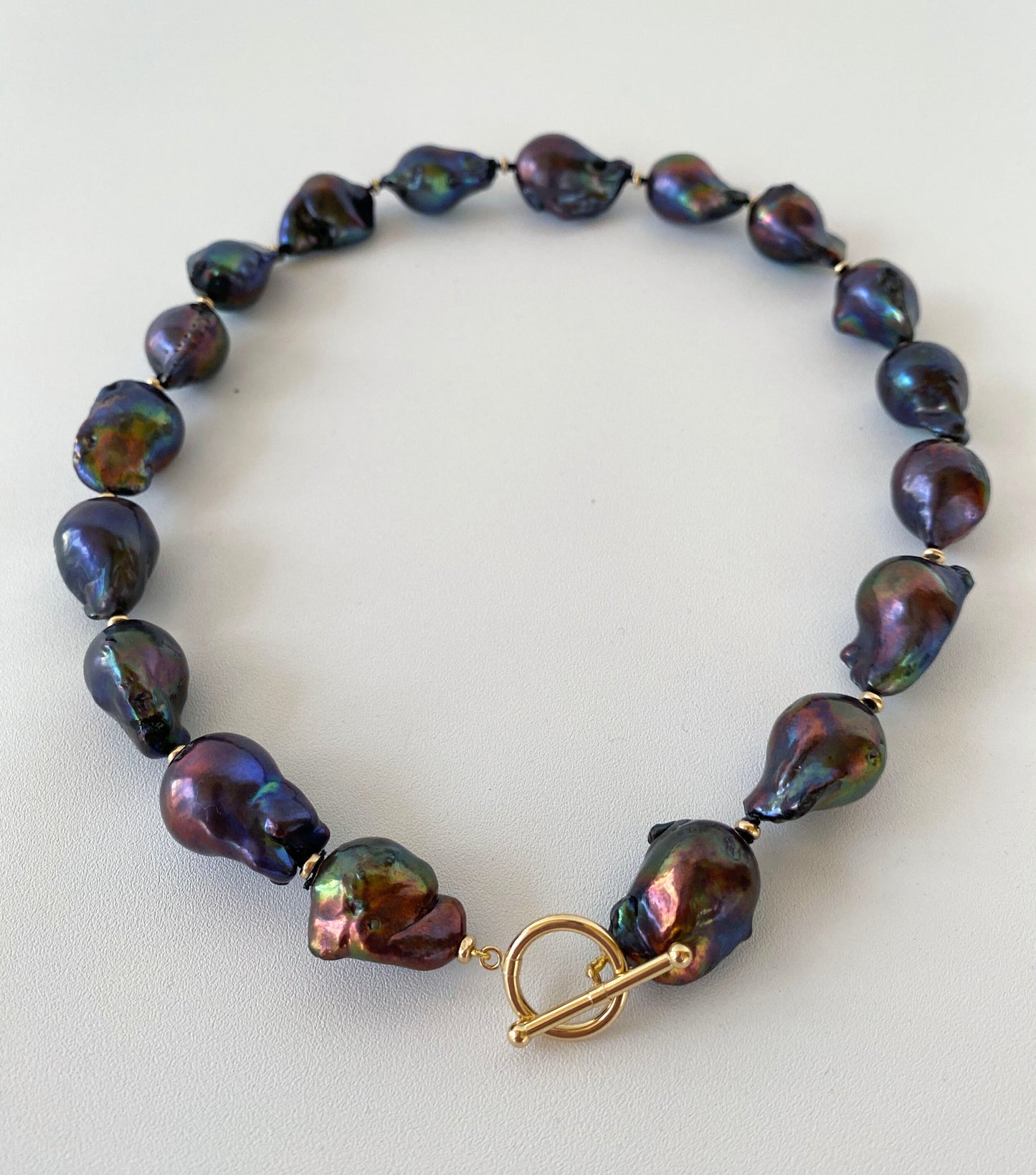 Large Baroque Black Pearl Necklace with 14 Karat Gold Beads and Clasp