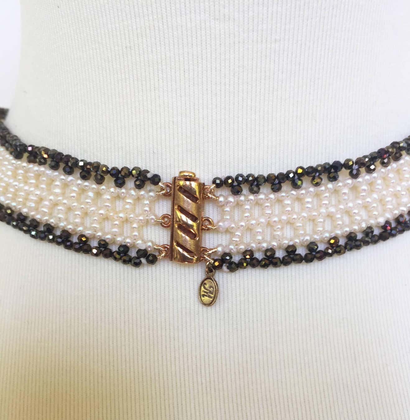 Woven White Pearl & Black Spinel Collar Necklace with Sliding Clasp & Brooch
