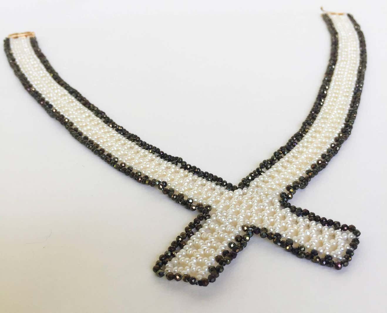 Woven White Pearl & Black Spinel Collar Necklace with Sliding Clasp & Brooch