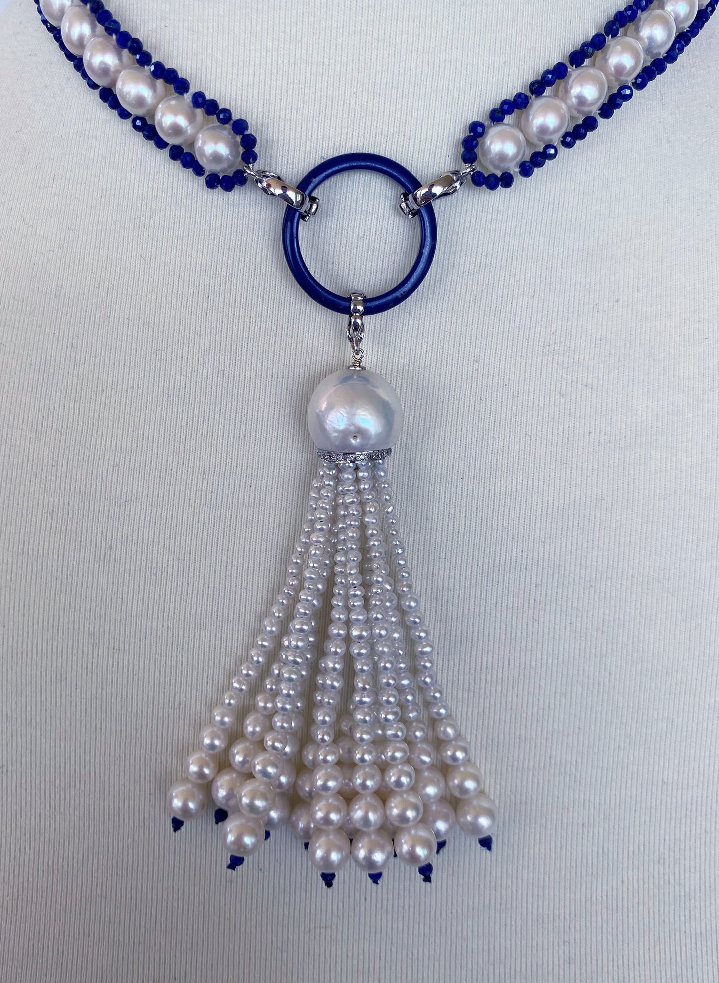 Marina J. Woven Pearl Sautior with Lapis Lazuli Beads and Graduated Pearl Tassel