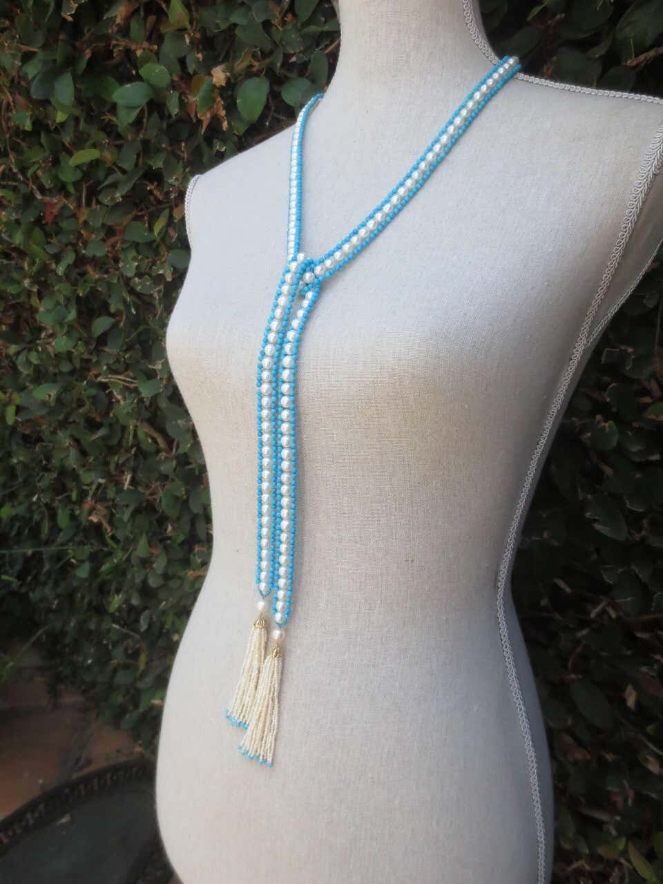 Woven Pearl & Turquoise Sautoir with Seed Pearl & Gold Tassels
