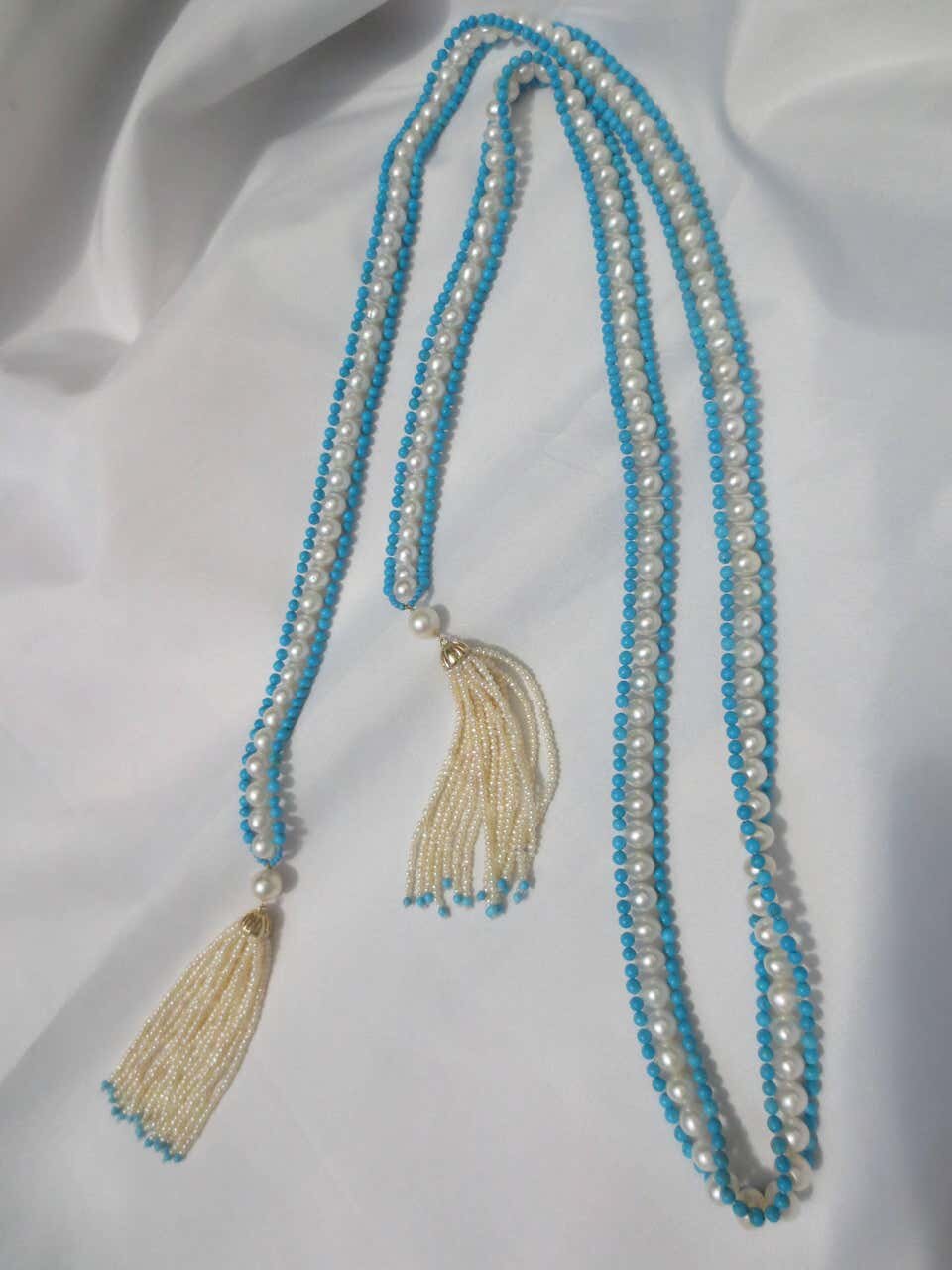 Woven Pearl & Turquoise Sautoir with Seed Pearl & Gold Tassels