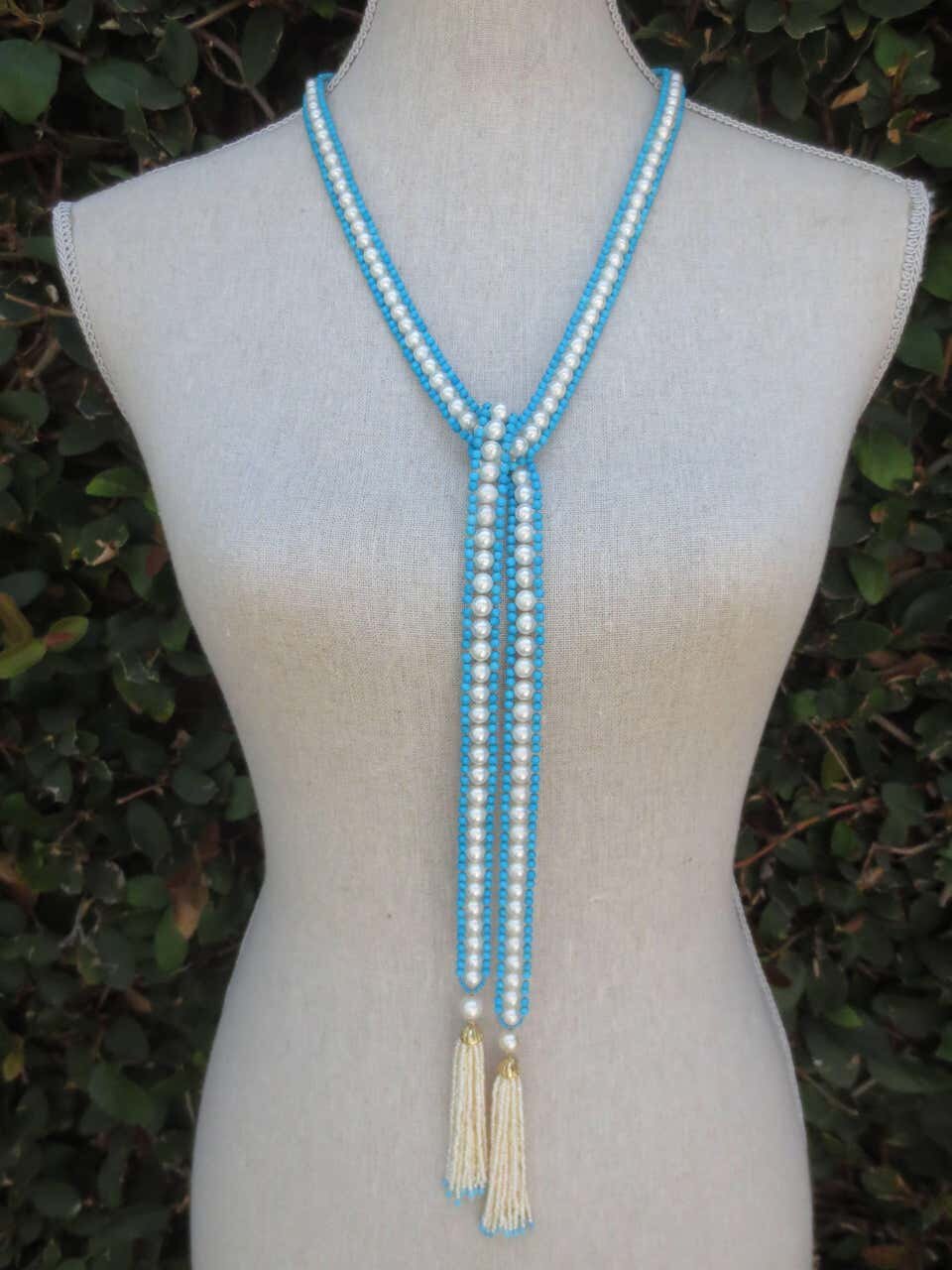 Woven Pearl & Turquoise Sautoir with Seed Pearl & Gold Tassels