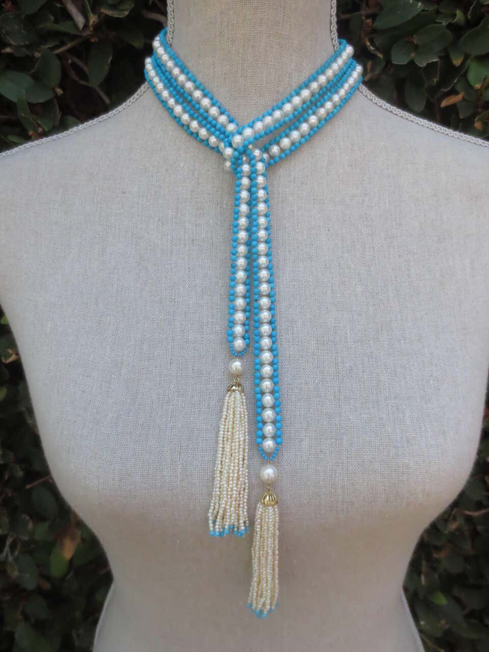 Woven Pearl & Turquoise Sautoir with Seed Pearl & Gold Tassels
