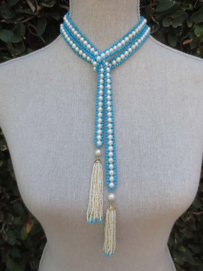 Woven Pearl & Turquoise Bead Long Sautoir with Pearl and Gold Tassels