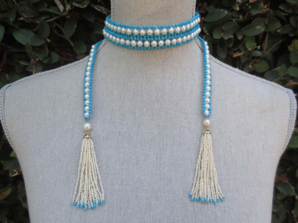 Woven Pearl & Turquoise Sautoir with Seed Pearl & Gold Tassels