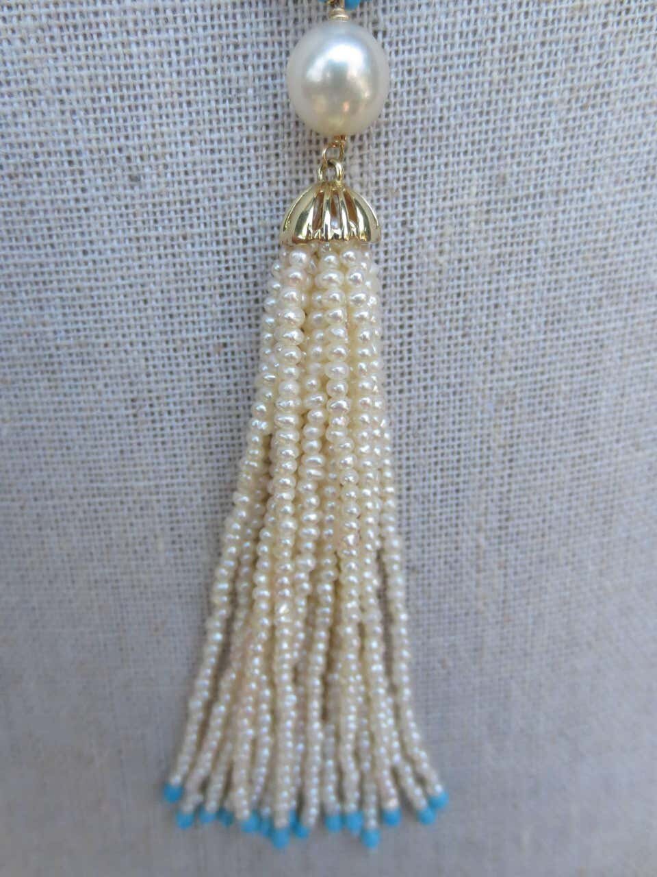 Woven Pearl & Turquoise Sautoir with Seed Pearl & Gold Tassels