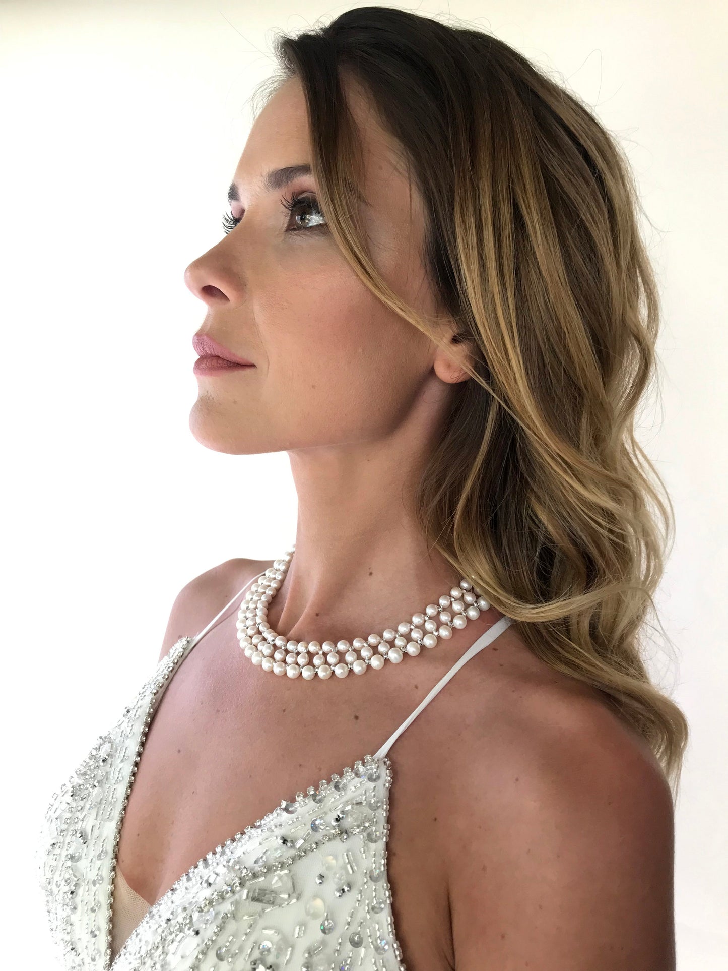 Marina J Woven Pearl Necklace with 14 Karat Gold Faceted Beads and Clasp