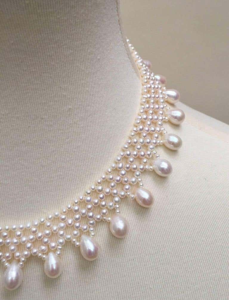 Woven Pearl Necklace with Pearl Drops at 14k Yellow Gold