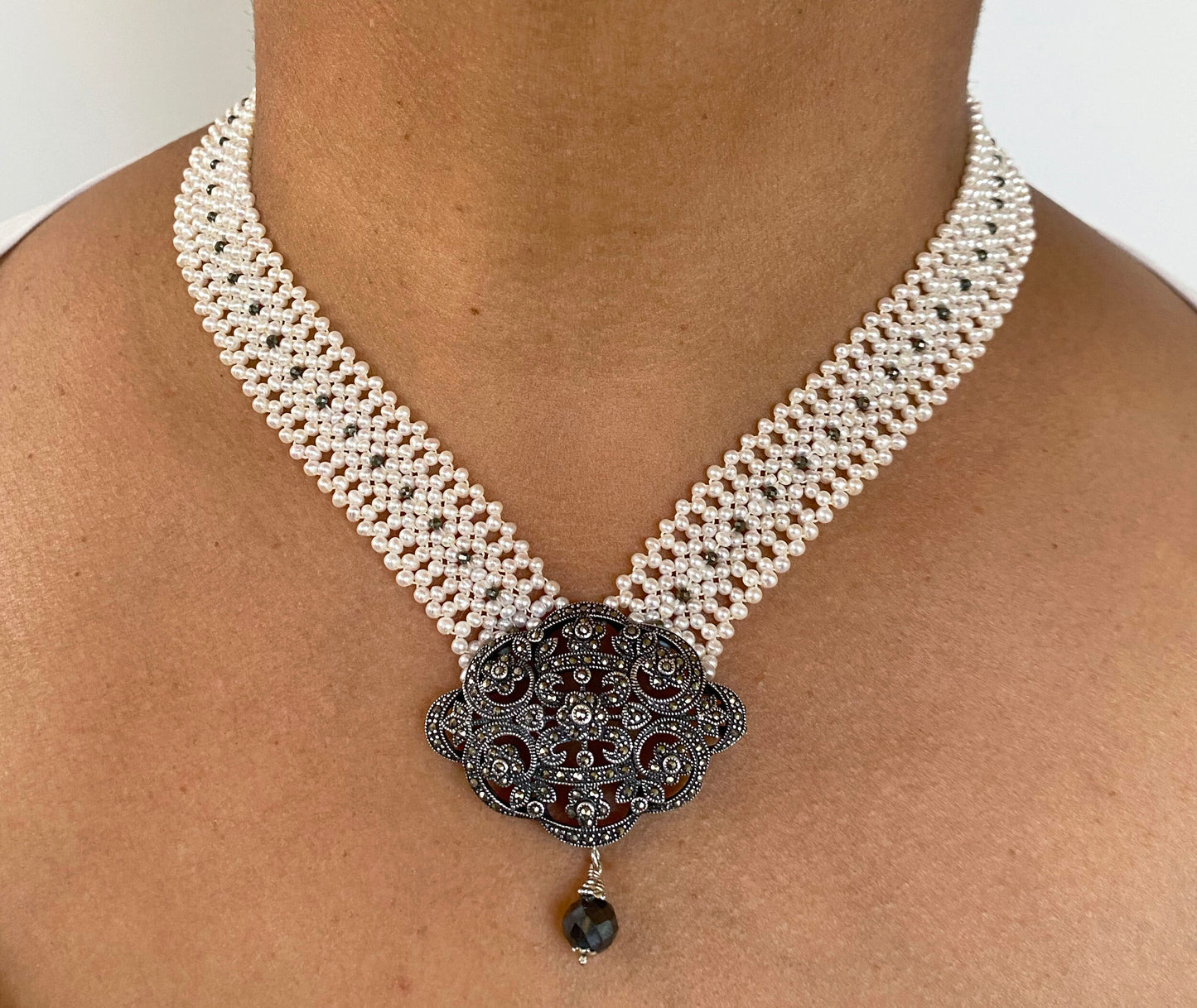 Woven Pearl Necklace with Vintage Silver Centerpiece and Black Spinel