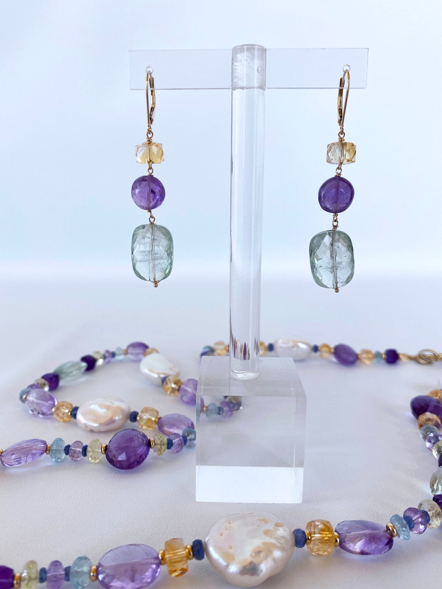 Graduated Multi Gem Citrine & Amethyst Earrings with 14K Yellow Gold