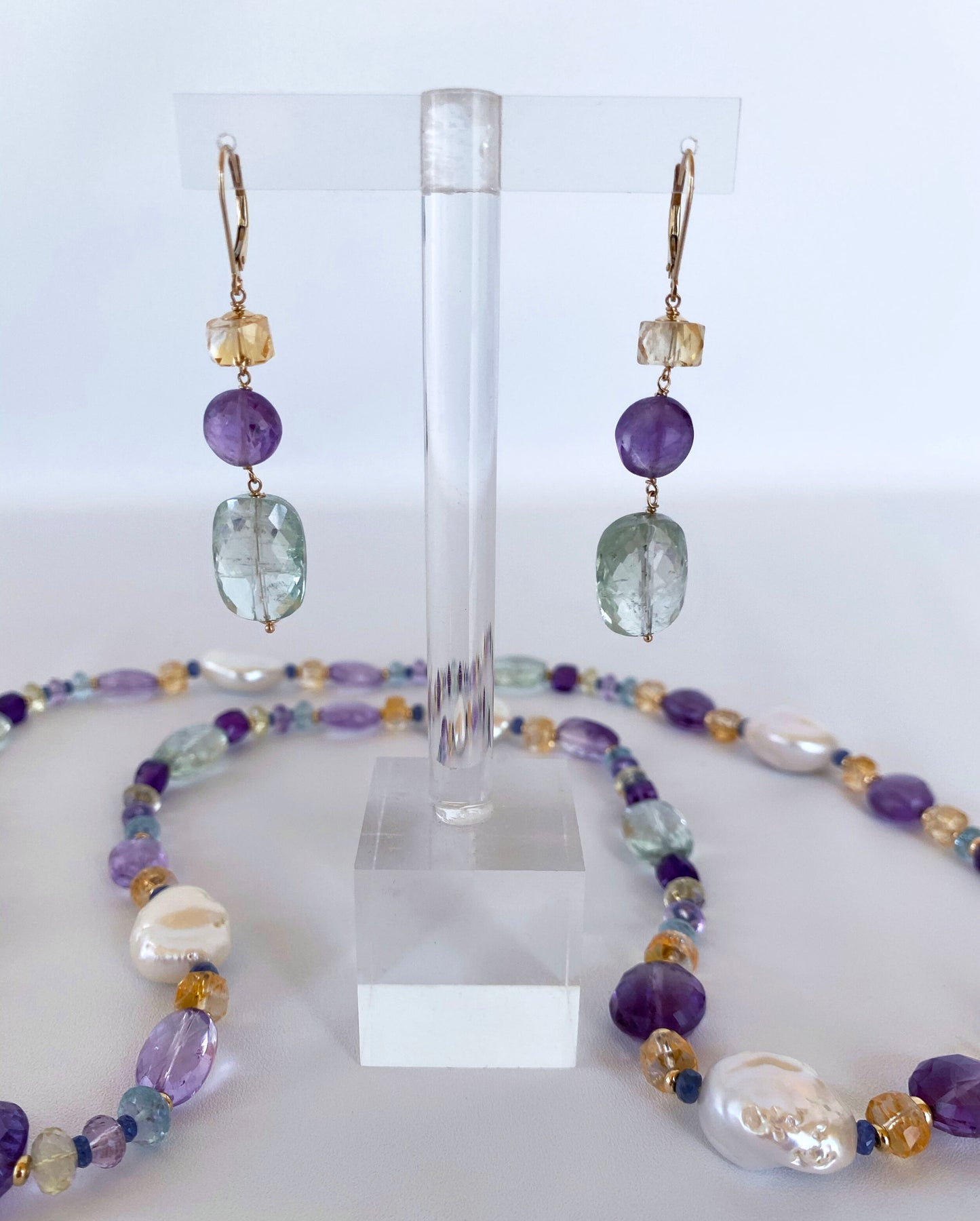 Graduated Multi Gem Citrine & Amethyst Earrings with 14K Yellow Gold