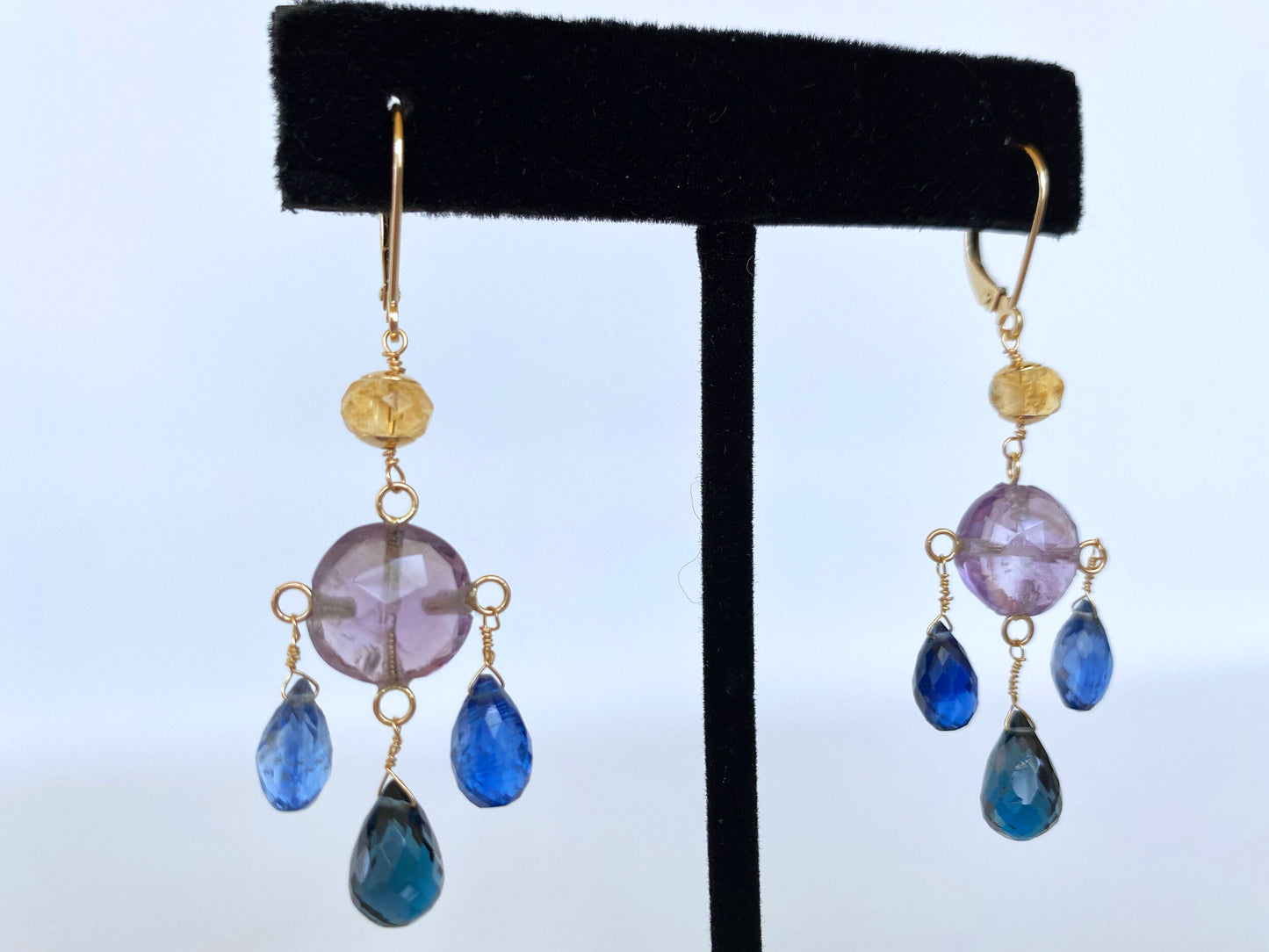 Amethyst, Citrine, Topaz & Kyanite Chandelier Earrings with 14K Gold
