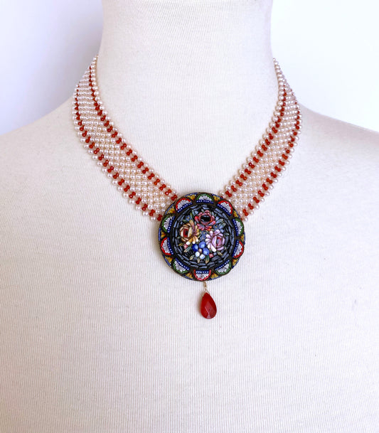 Woven Pearl and Carnelian Necklace with Mosaic Centerpiece and Coral