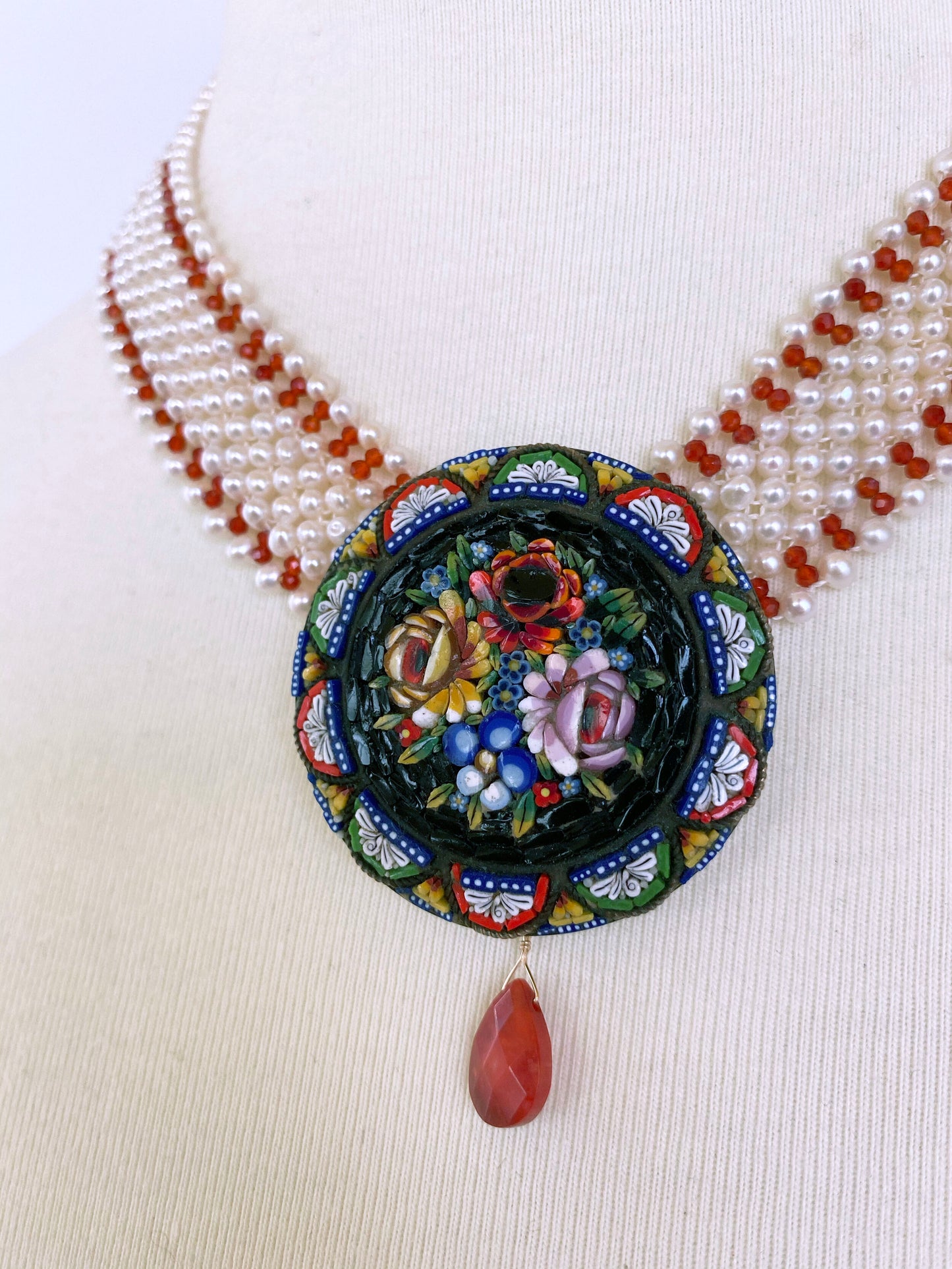 Woven Pearl and Carnelian Necklace with Mosaic Centerpiece and Coral