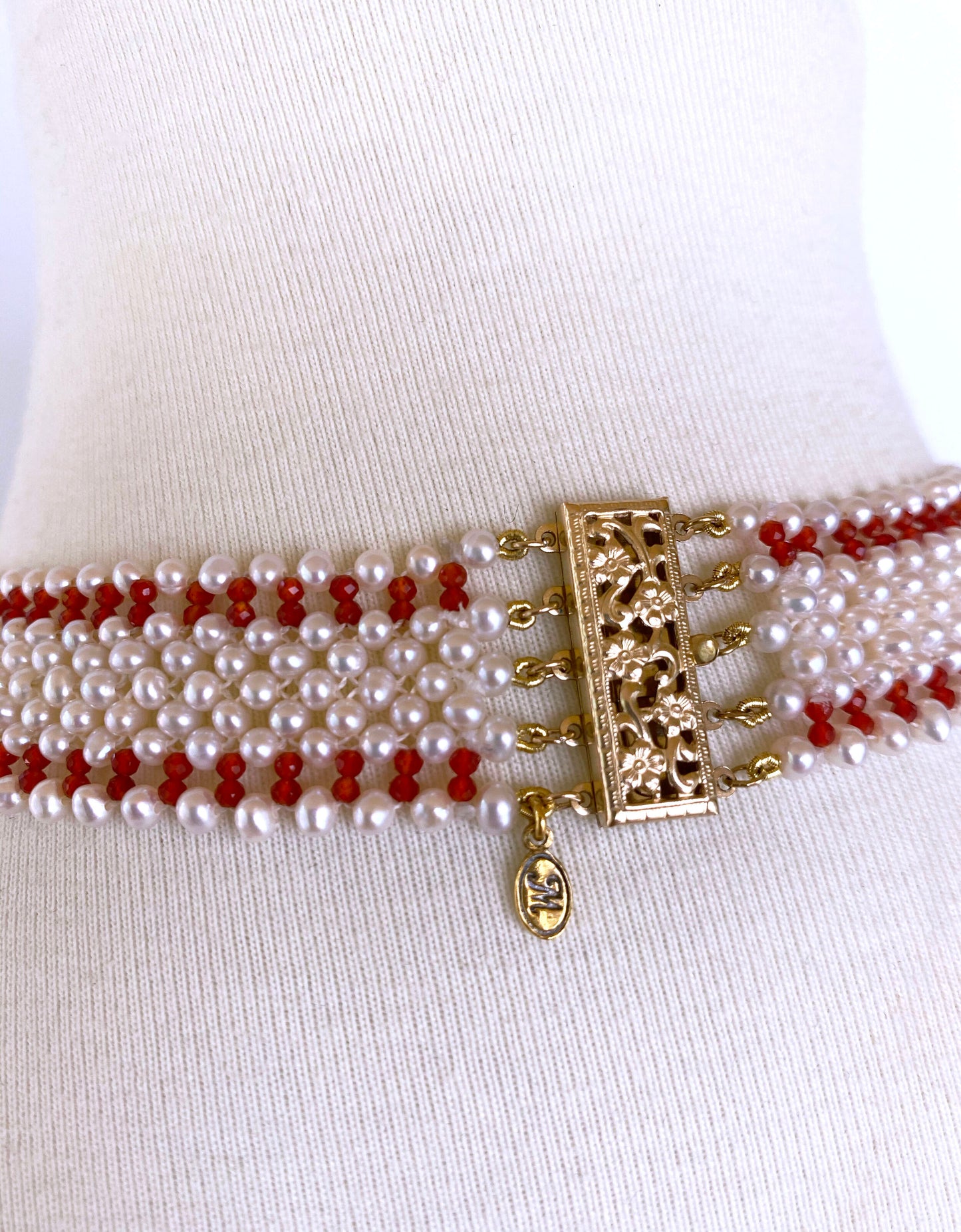 Woven Pearl and Carnelian Necklace with Mosaic Centerpiece and Coral