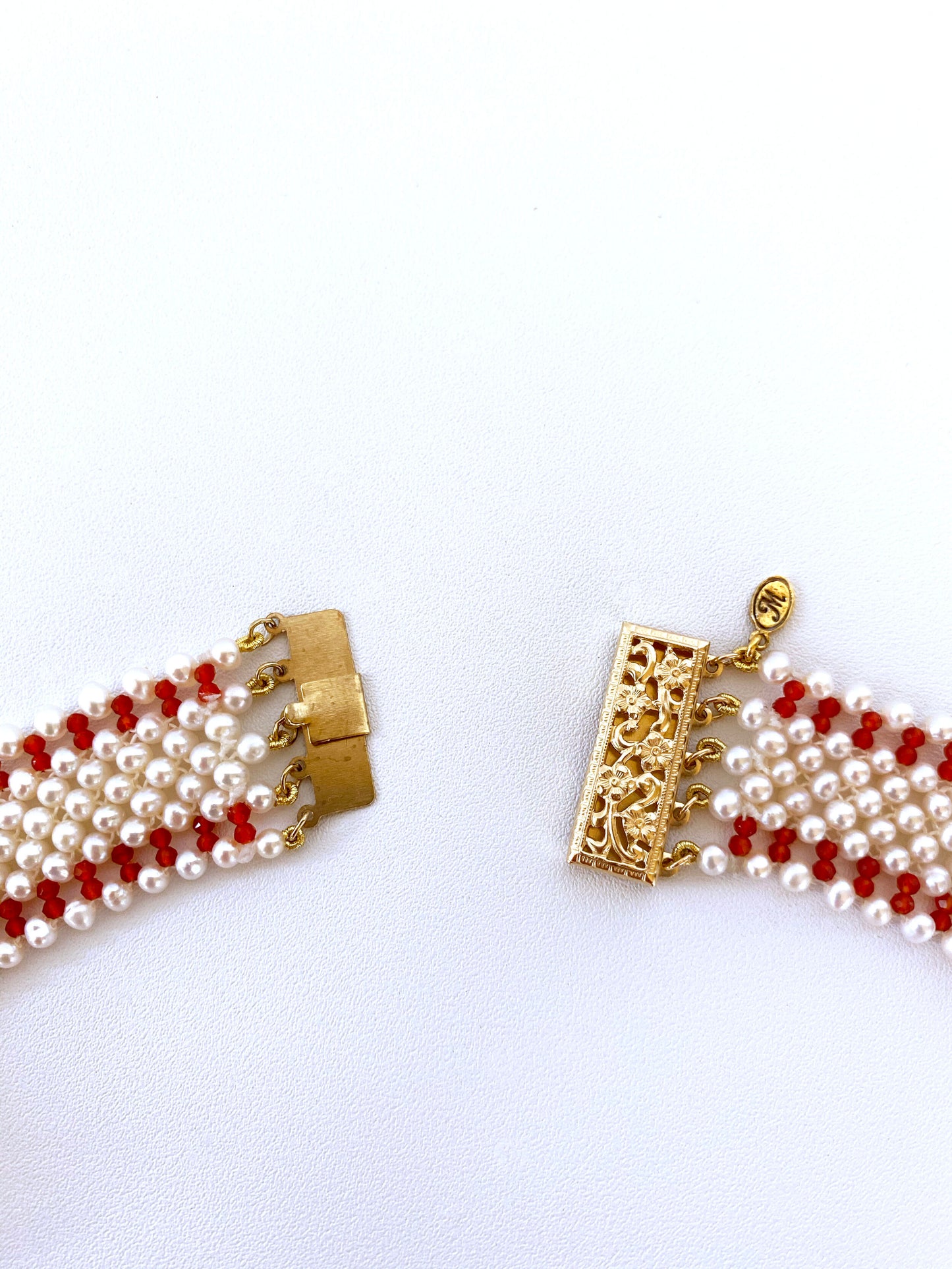 Woven Pearl and Carnelian Necklace with Mosaic Centerpiece and Coral