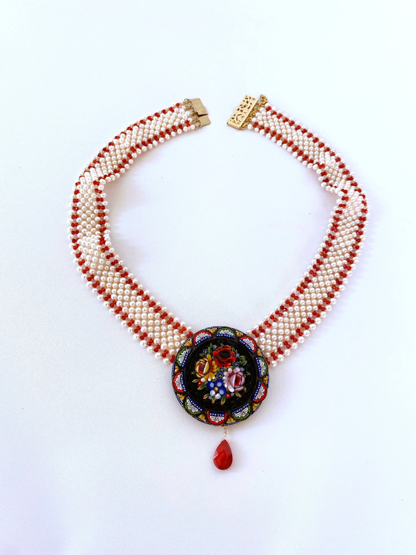 Woven Pearl and Carnelian Necklace with Mosaic Centerpiece and Coral