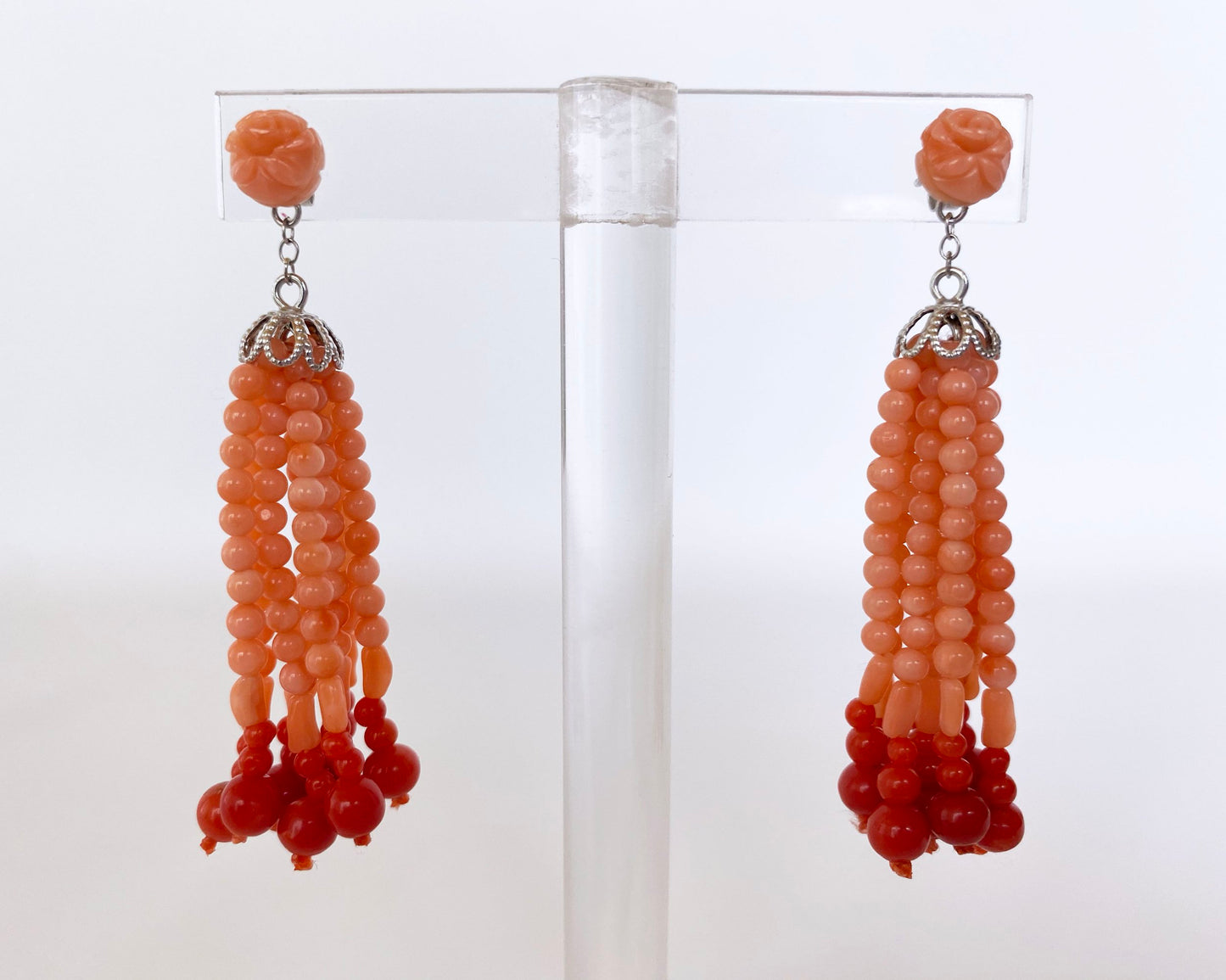 Mediterranean Coral Tassel Earrings with 14K White Gold