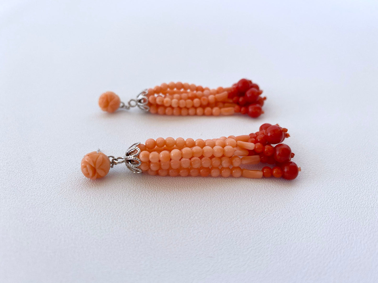 Mediterranean Coral Tassel Earrings with 14K White Gold
