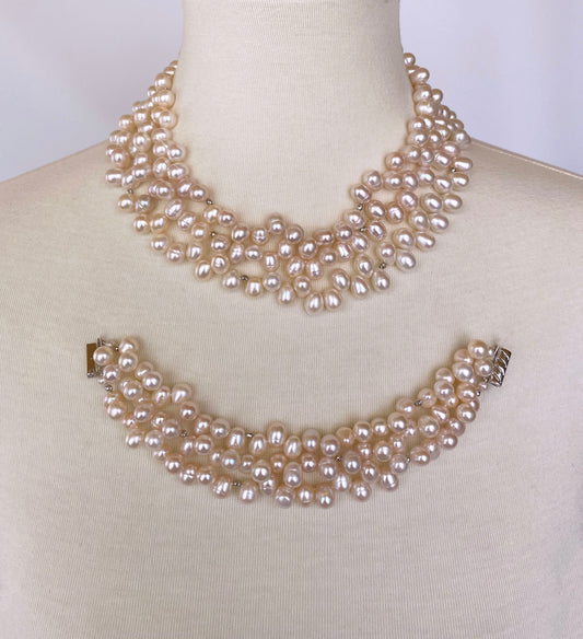Convertible Three in One All Pearl Necklace & Bracelet with 14K