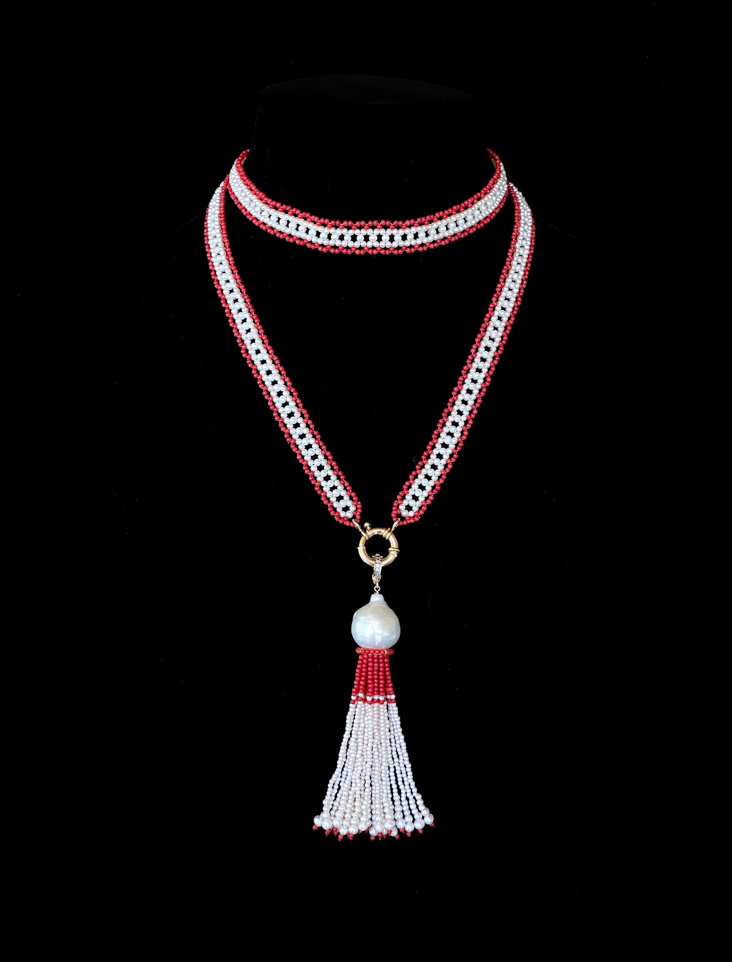 Fine Woven Coral & Pearl Satuoir with Baroque Tassel & 14k Yellow Gold