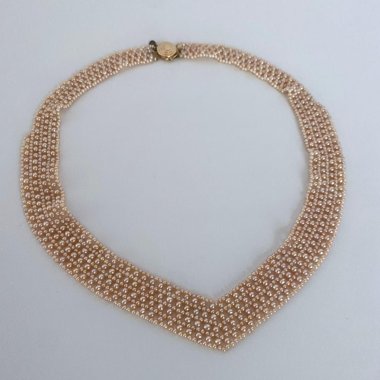 Marina J. Pink Pearl Woven 'V' Necklace with 14k Gold Clasp & Vintage Brooch