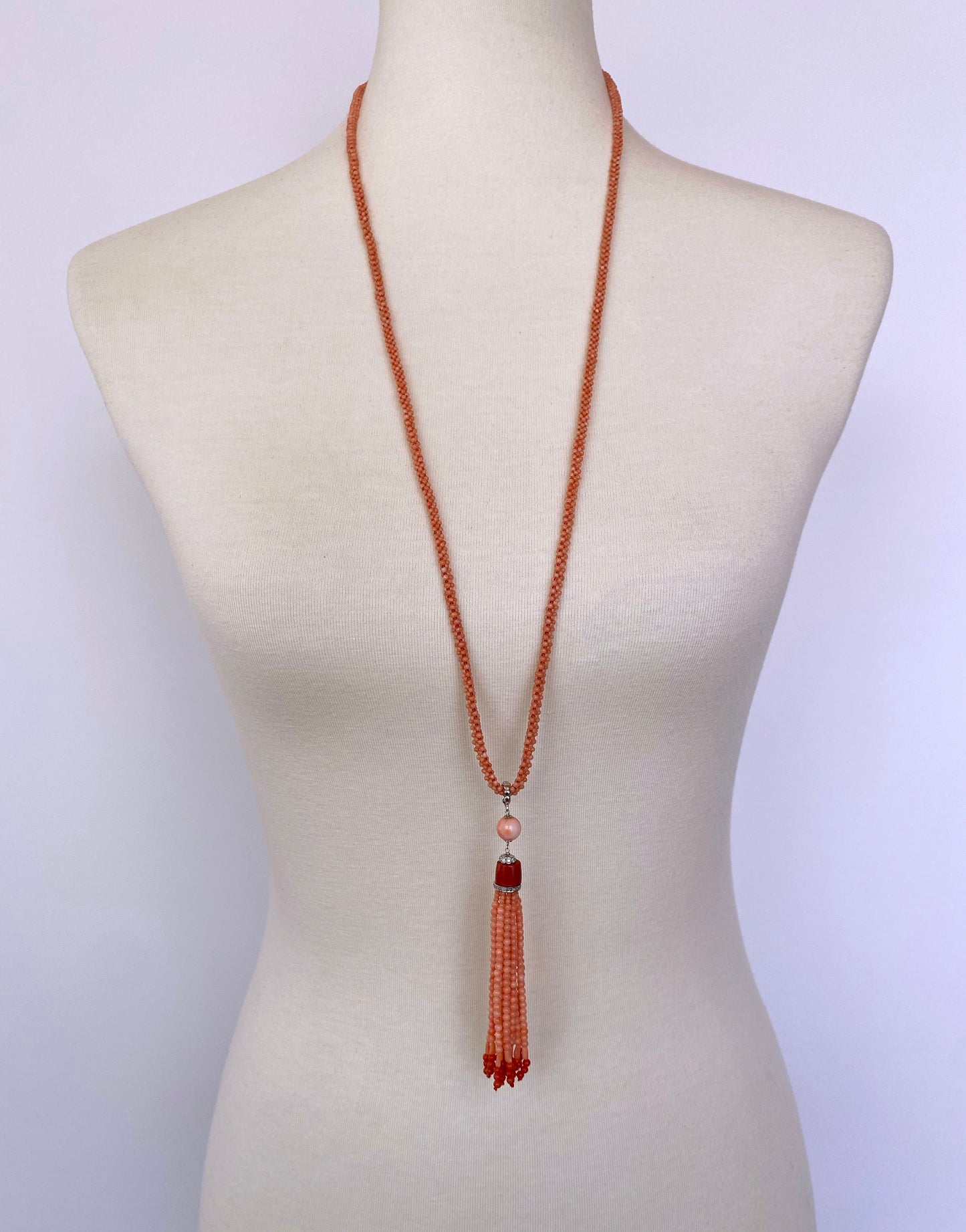 Marian J. Woven Mediterranean Coral Rope Necklace with 14K White Gold and Tassel