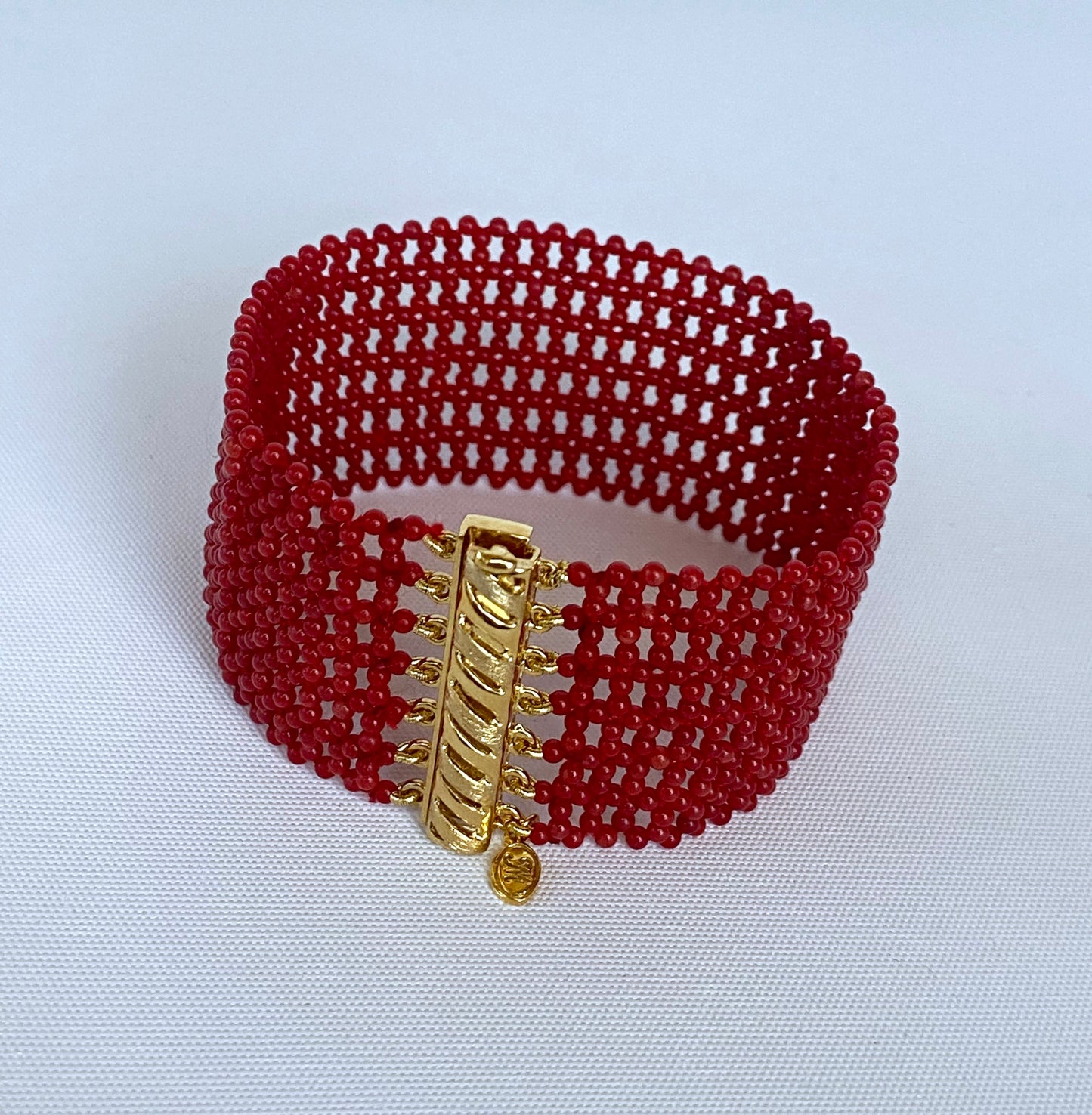 Coral Woven Bracelet with 14k Yellow Gold Plated Sterling Silver Clasp