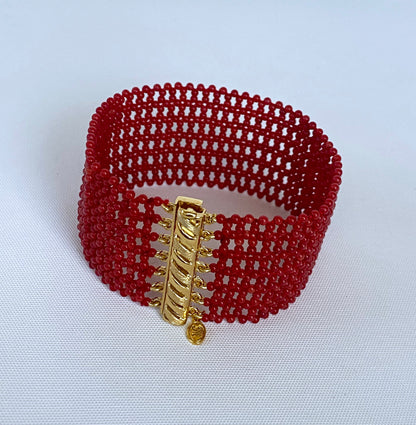 Coral Woven Bracelet with 14k Yellow Gold Plated Sterling Silver Clasp