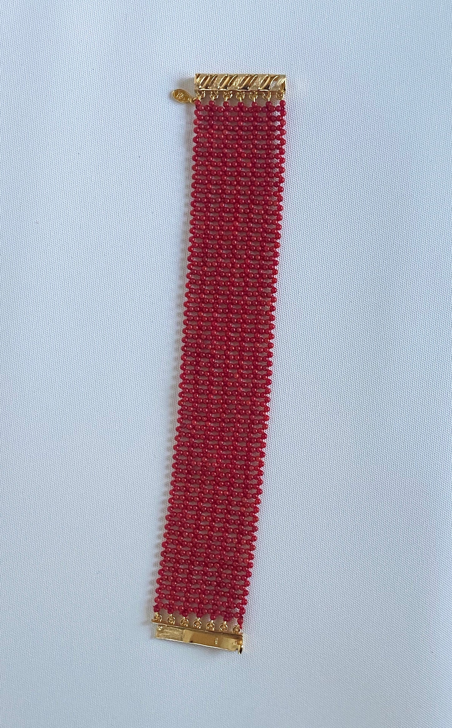 Coral Woven Bracelet with 14k Yellow Gold Plated Sterling Silver Clasp
