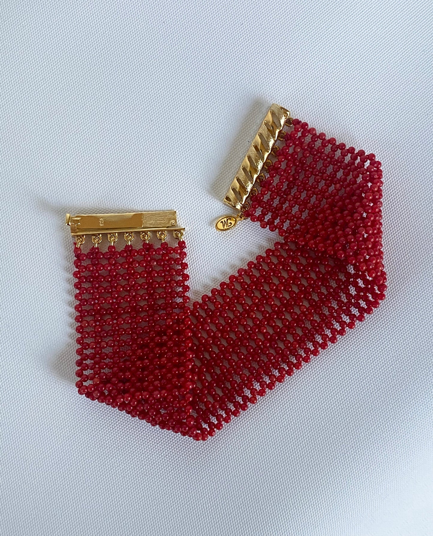 Coral Woven Bracelet with 14k Yellow Gold Plated Sterling Silver Clasp