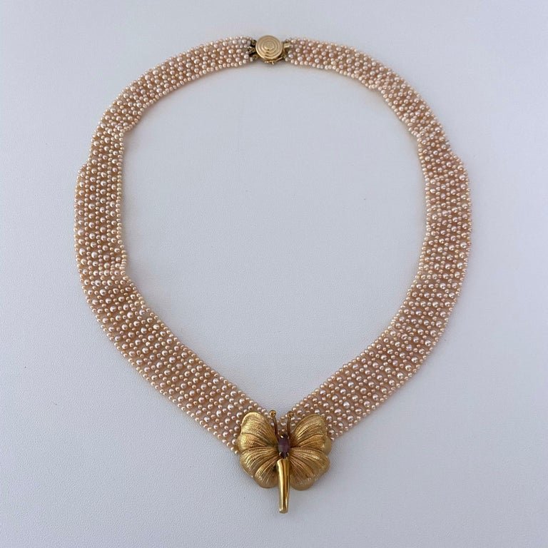Marina J. Pink Pearl Woven 'V' Necklace with 14k Gold Clasp & Vintage Brooch
