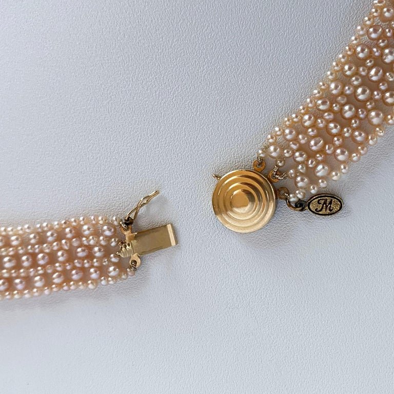 Marina J. Pink Pearl Woven 'V' Necklace with 14k Gold Clasp & Vintage Brooch