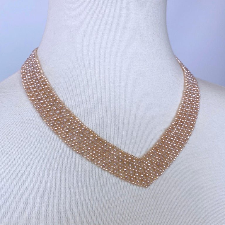 Marina J. Pink Pearl Woven 'V' Necklace with 14k Gold Clasp & Vintage Brooch