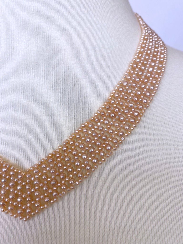 Marina J. Pink Pearl Woven 'V' Necklace with 14k Gold Clasp & Vintage Brooch