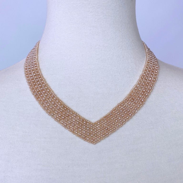 Marina J. Pink Pearl Woven 'V' Necklace with 14k Gold Clasp & Vintage Brooch