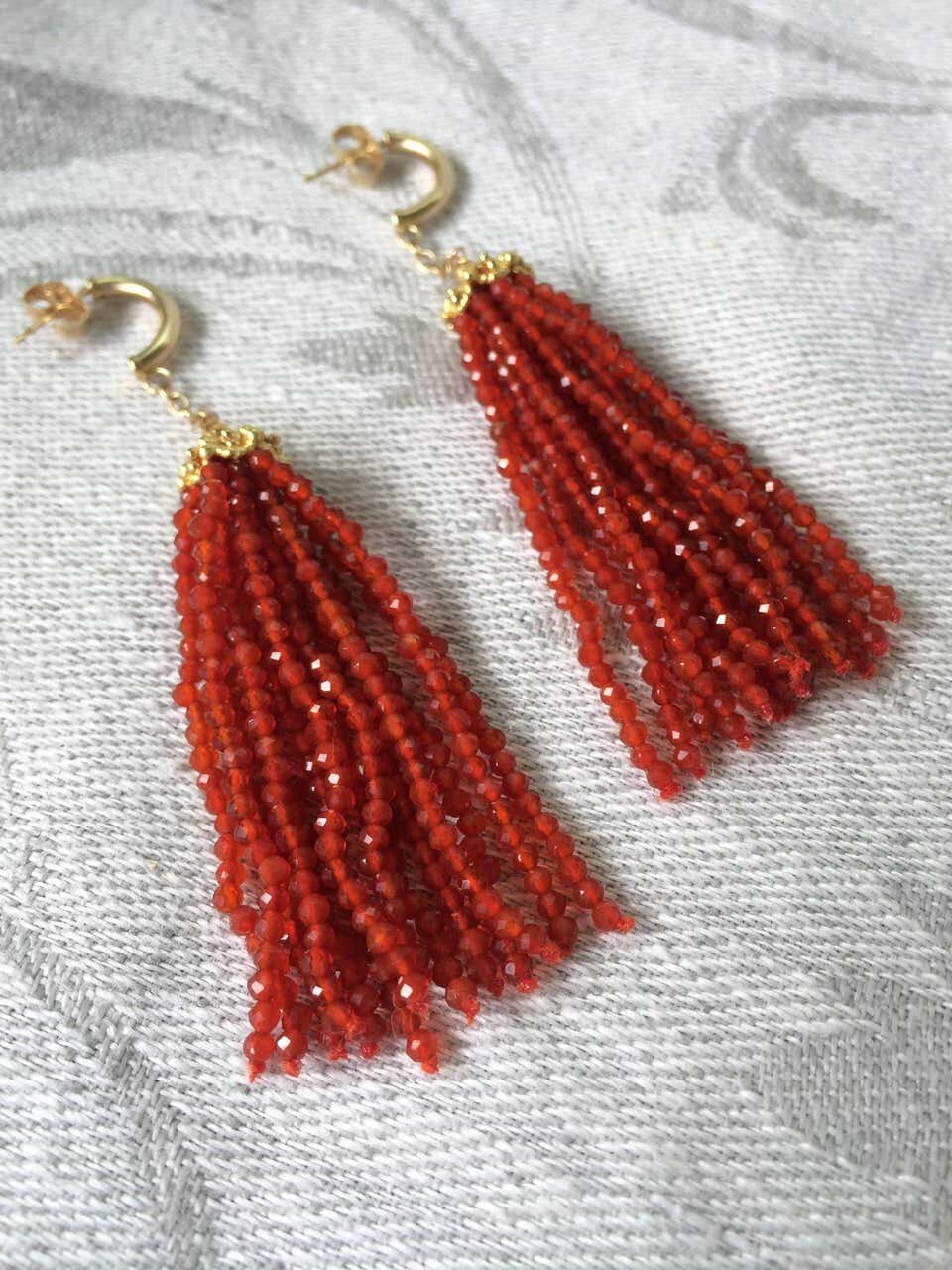 Marina J Faceted Carnelian Dangle Tassel Earrings with Gold Filigree Cap