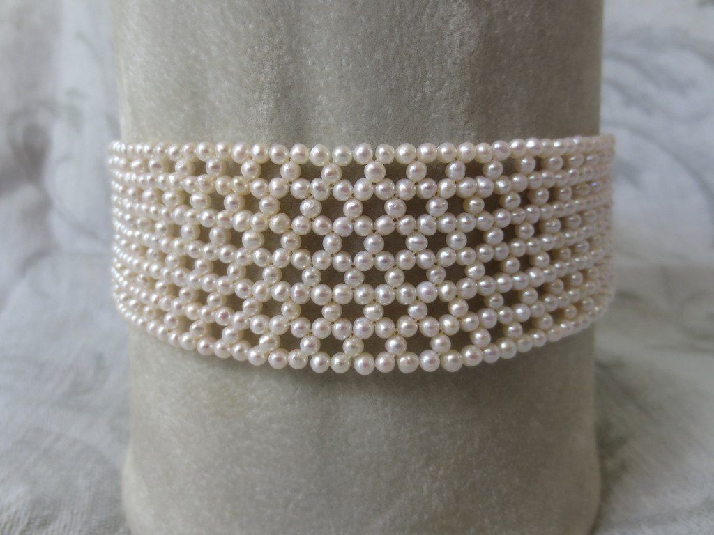 Multi-Stranded Woven White Pearl Bridal Choker with Sliding 14k White Gold Clasp