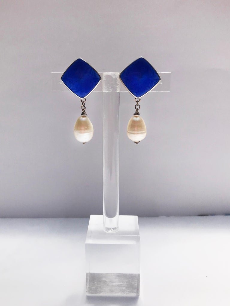 Vintage Sterling Silver, Enamel & White Pearl Clip-On Earrings