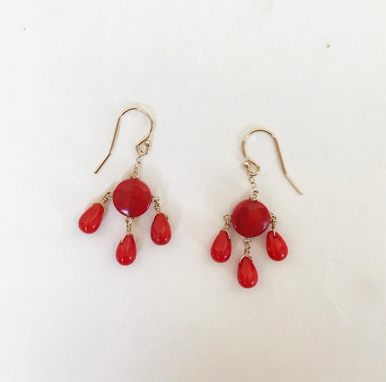 Coral Drop Earrings with 14 Karat Yellow Gold